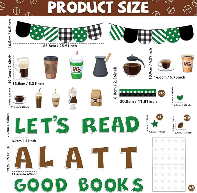 Coffee Bulletin Board Set Coffee Cup Classroom Decoration Latte Paper Cutouts Green Coffeehouse Crafts Teacher's Helper Charts for Back to School Nursery Chalkboard Reading Decor Wall Door