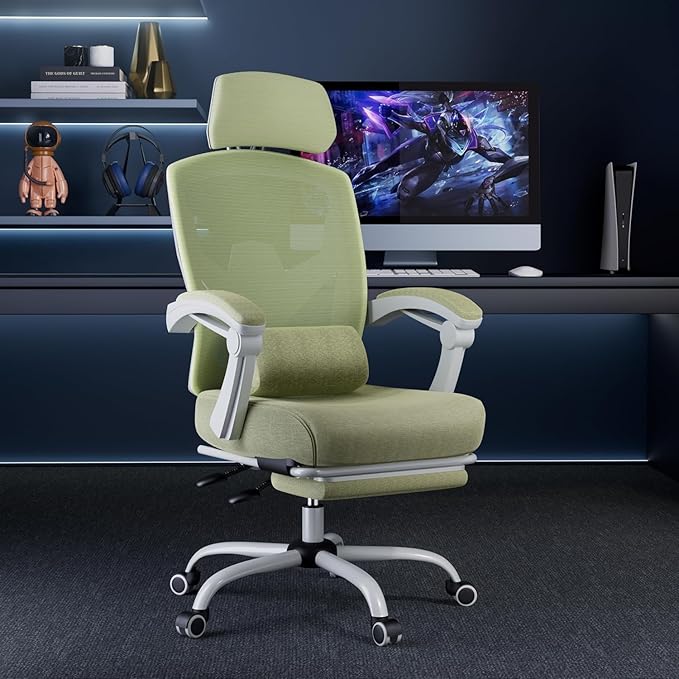 DUMOS Home Office Desk Chair with Footrest, High-Back Mesh Rolling Swivel Reclining Chairs with Wheels, Comfortable Headrest, Lumbar Support, Comfy Arms for Home, Office, Gaming, Elegant Green