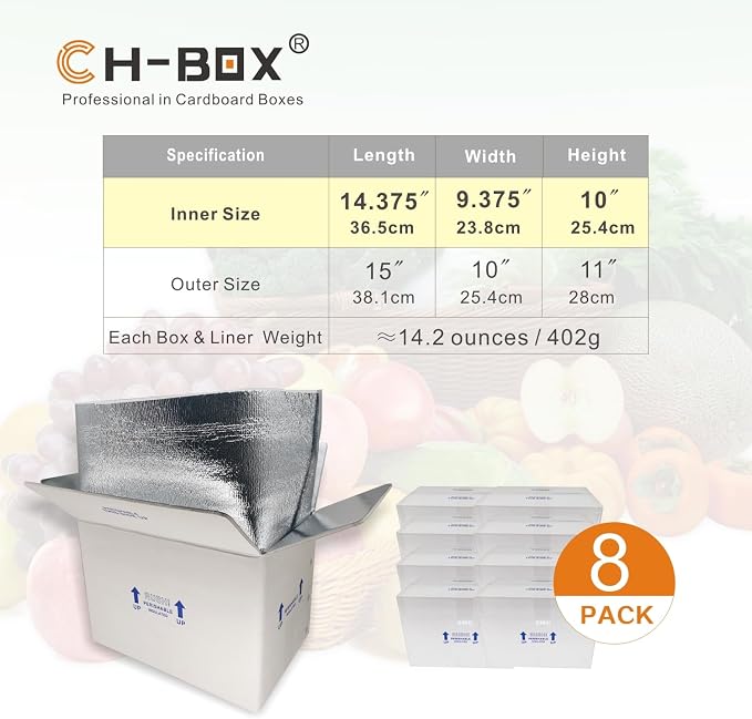Insulated Shipping Boxes with Liners, 8 Pack 15'' x 10'' x 11'' Small Cold Shipping Boxes, for Perishable Frozen Food Shipping, White (TB151011L-8)