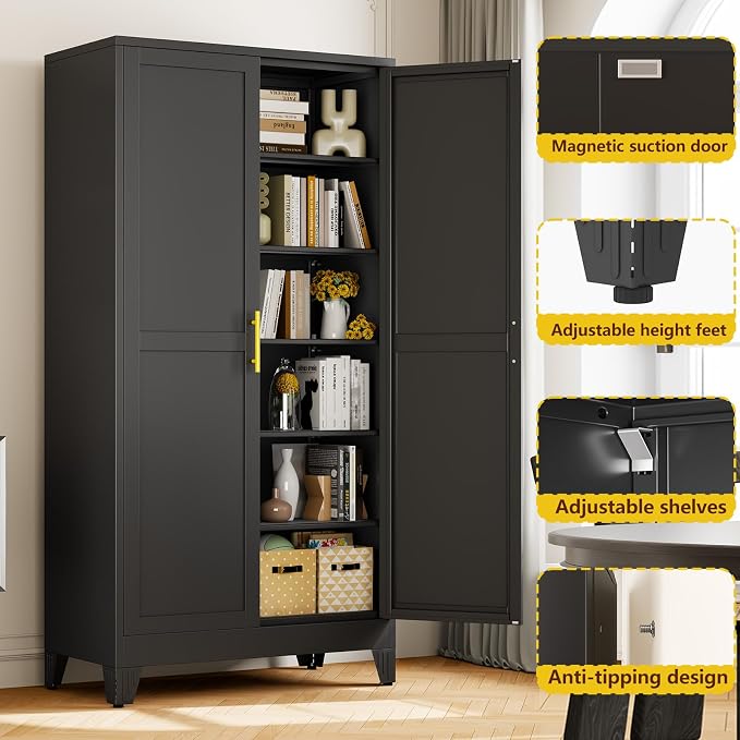PAOFIN 79" Tall Black Kitchen Pantry Cabinet, Metal Storage Cabinet | with 2 Doors and 5 Adjustable Shelves, Steel Freestanding Wider Cupboard for Kitchen Dining Bathroom Bedroom(New Update)