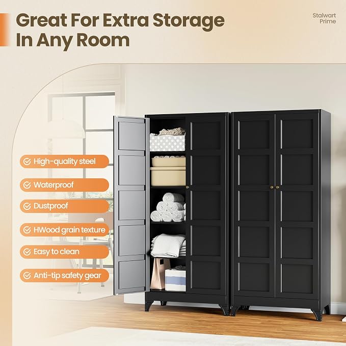 Metal Pantry Cabinet,- 72" Black Kitchen Pantry Storage Cabinet with Doos and Adjustable Shelves for Kitchen, Living Room,Dining Room,Home