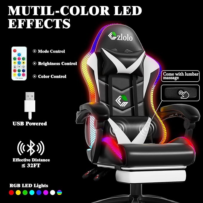 Gaming Chair, RGB LED Lights Computer Chair with Footrest, Lumbar Support Massager Gamer Chair, High Back, 90-135° Reclining, Linkage Armrests, White