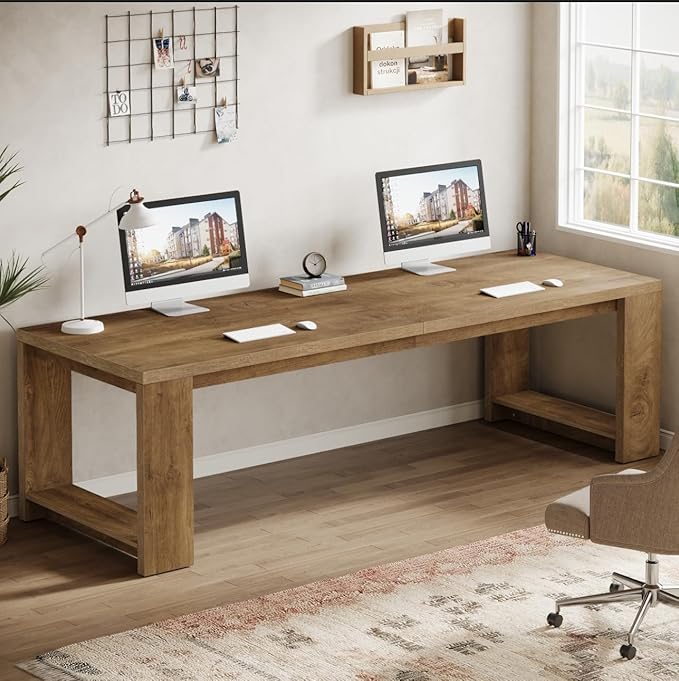 Tribesigns Two Person Desk Set of 2, 86.6-Inch Extra Long Wood Desk, Double Computer Writing Table, Wood Large Workstation for Home Office, Wood Color