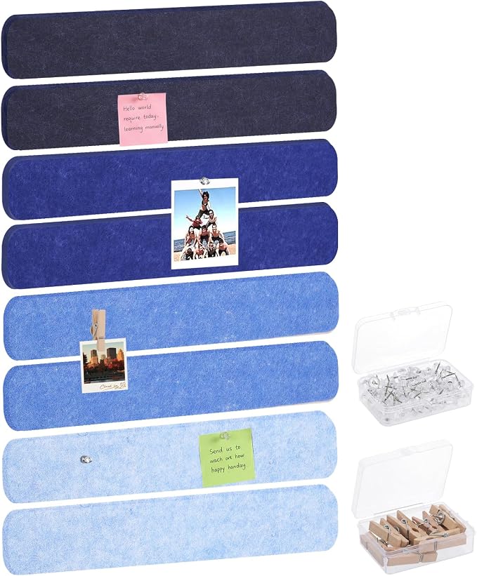 8 Pack Felt Bulletin Board Strips, 13x2 Inch Pin Board, Cork Boards | Self Adhesive, Includes 50 Pushpins and 10 Wooden Clips Push Pins, for Walls Home School Office Decor (Serene Blue Mist)