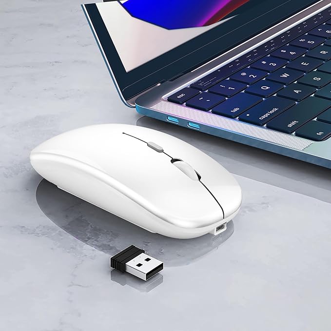 Wireless Bluetooth Mouse Rechargeable Laptop Mice Silent Slim Use(BT5.2 and 2.4G Portable USB Receiver) Dual Mode Computer Mouse for Laptop/iPad/Tablet/Apple/Computer/Mac(Bright White)