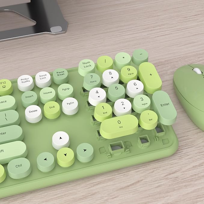 UBOTIE Colorful Wireless Keyboard and Mouse Combo (Green-Colorful) | Retro Typewriter Floating Full-Sized Keys Computer Keyboard with Optical Mouse, 2.4GHz USB Connection for Windows Mac