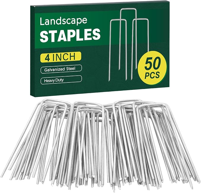 CEWOR 50 Pack Landscape Staples 4 Inch, Galvanized Steel Garden Stakes | 12 Gauge Ground Staples for Yard, Lawn, Weed Barrier Fabric, Ground Cover, Turf, Sod, Irrigation Hose, Landscaping