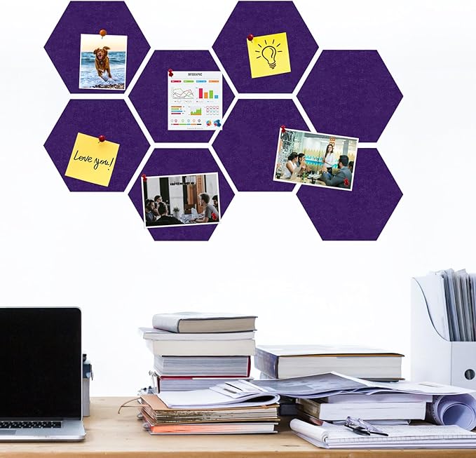 Large Hexagon Felt Cork Board Tiles, Self Adhesive DIY Felt Bulletin Board Pin Board with 35 Pushpins for Office School Home Wall Decor Stickers Memos Photos Display(Purple)