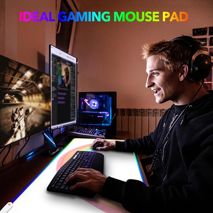 AIMSA RGB Gaming Mouse Pad Large, Keyboard Mousepad Led Extended 35.4 x 15.8 inch Non-Slip Rubber Base with 14 Lighting Modes, Big Desk Mat Waterproof, White Rainbow