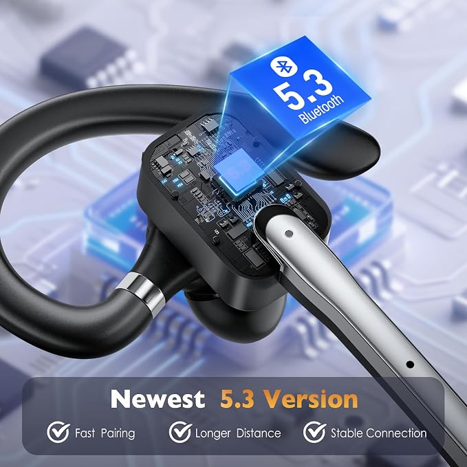 Bluetooth Headset, Wireless Headset with Dual-Mics & Noise Cancelling, Bluetooth Earpiece with Mute, V5.3 Hands-Free Headset with QCC Chip for Phone PC iOS Android