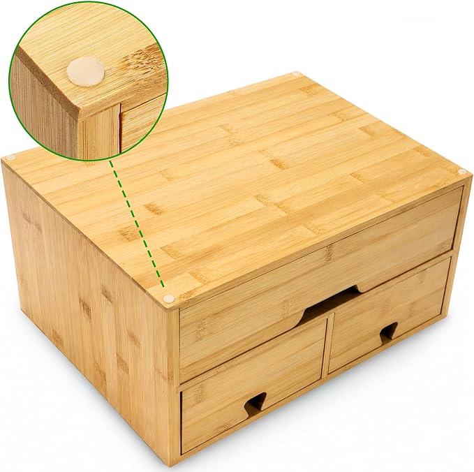 Bamboo Desk Organizer, 100% Natural Bamboo Desktop Drawer Organizer, Tabletop Storage Cabinet Organization Box with 3 Drawers for Home Office Supplies, Makeup, Letter, 2-Layer, Fully Assembled
