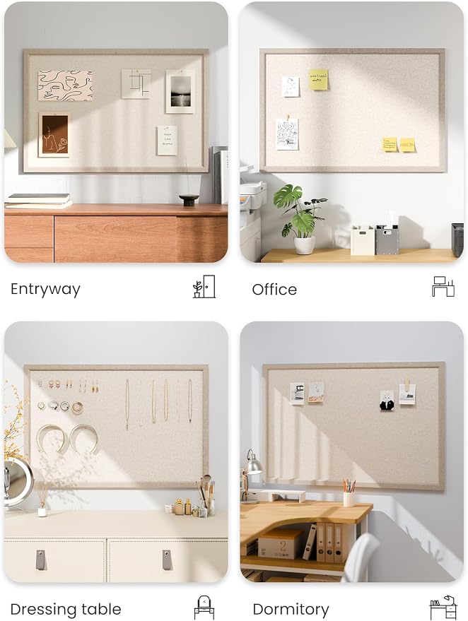 Fluxynara 35.4" x 23.6" Felt Frame Bulletin Board, Oatmeal | Cork Board Alternative with 24 Removable Adhesive Tabs, Foldable Pin Board for Wall, Home, Office, Classroom & Dorm