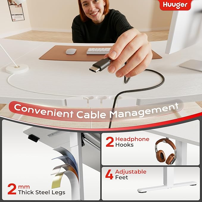 Huuger 71 X 30 Inch Electric Standing Desk with Power Outlets and USB-C Port, Height Adjustable Desk, Sit Stand Desk for Home Office, Computer & Gaming Desk with 4 Presets, Stable Steel Frame, White