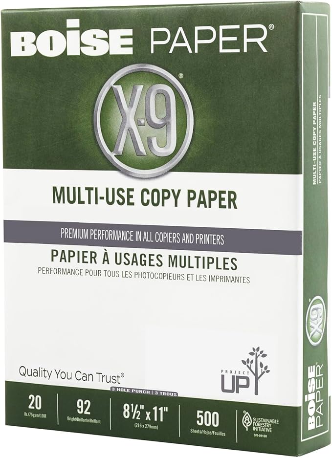Boise Paper X-9 Multi-Use 3-Hole Punch Copy Paper – 10 Ream (5,000 Sheets) | 8.5" x 11" Letter | 92 Bright White - 20 lb. | OX-9001P-CTN