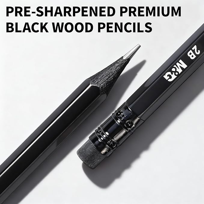 M&G BLACKOO Series 2B Wood-Cased Pencils, 24-Pack Pre-Sharpened with Top Erasers, Bulk Black Pencils for School, Teachers, Writing, Drawing and Sketching (Black)