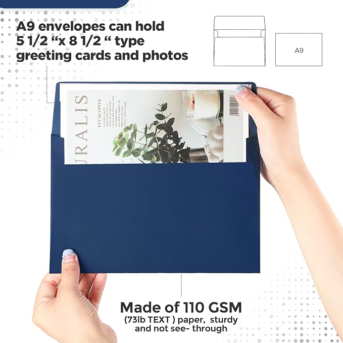 Harloon 100 Pcs A9 Invitation Envelopes 5.75 x 8.75 Inch Self Adhesive Wedding Invitation Envelopes Paper Greeting Card Envelope for Photos Letters Baby Shower Office 110 Gsm Paper(Navy Blue)