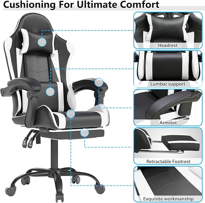 Gaming Chair with Headrest and Lumbar Support, Ergonomic High Back Office Chair, Racing Style Executive Computer Desk Chair, Leather Adjustable Swivel Task Chair for Home Office (White)