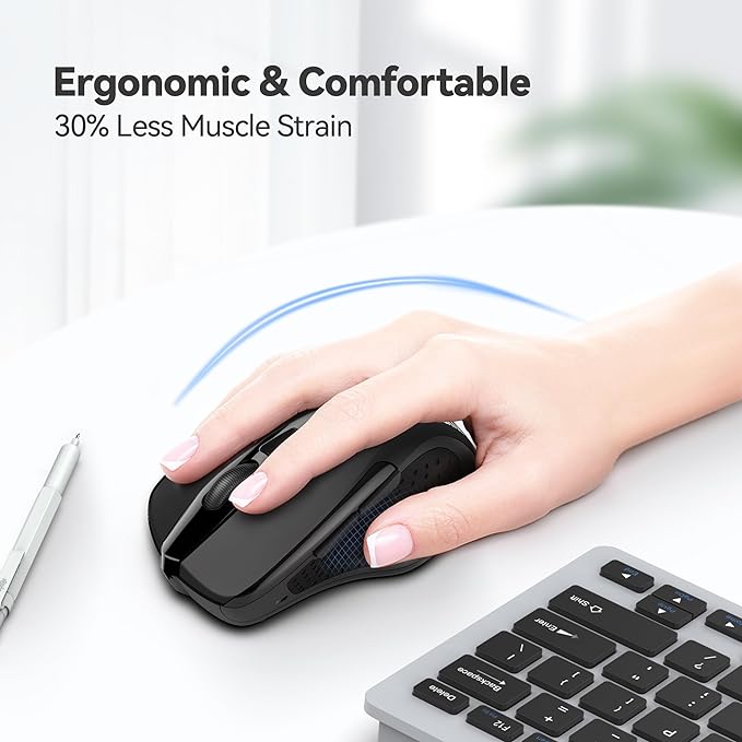 TECKNET Wireless Mouse, 2.4G Ergonomic Optical Mouse, Computer Mouse for Laptop, PC, Computer, Chromebook, Notebook, 6 Buttons, 24 Months Battery Life, 2600 DPI, 5 Adjustment Levels - Black