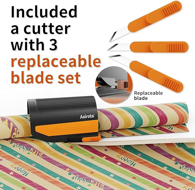 2 PC Wrapping Paper Cutter with 3 Replaced Blade, Adapt for Any Diameter Wrapping Paper Roll, Antislip Silicone Hold Touch Surface, Cut Efficient Straight Easily & Safely on Christmas