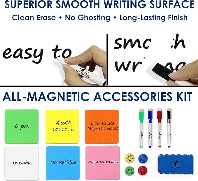 Whiteboard Set, 24x18 in White Board Dry Erase for Wall with Magnetic Notes | Hanging Dry Wipe Marker Board with Eraser, Markers, Magnets & Magnetic Notes for Home, Office and Dorm
