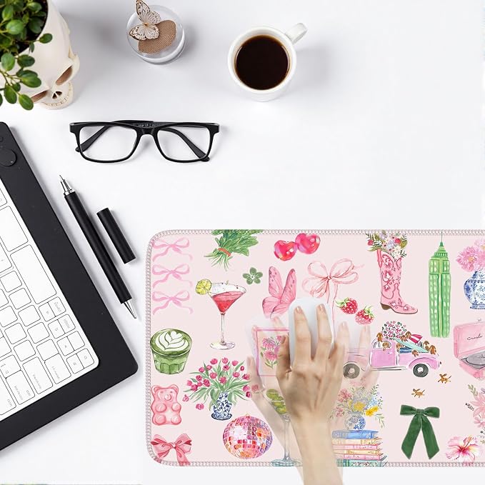 Pink Pastel Floral Desk Mat Cute Kawaii Retro Vintage XXL Large Mouse Pad Flower Desk Pad Mat Laptop Computer Keyboard and Mouse Mat Aesthetic Office Decor for Women Girl Teacher