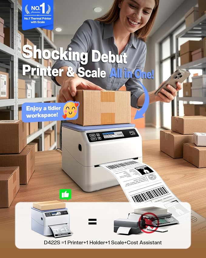 Phomemo Bluetooth Shipping Label Printer 4x6 with Scale | D422S Label Printer & Scale All-in-One, Thermal Printers with Built-in Label Holder, Compatible with UPS, USPS, TikTok