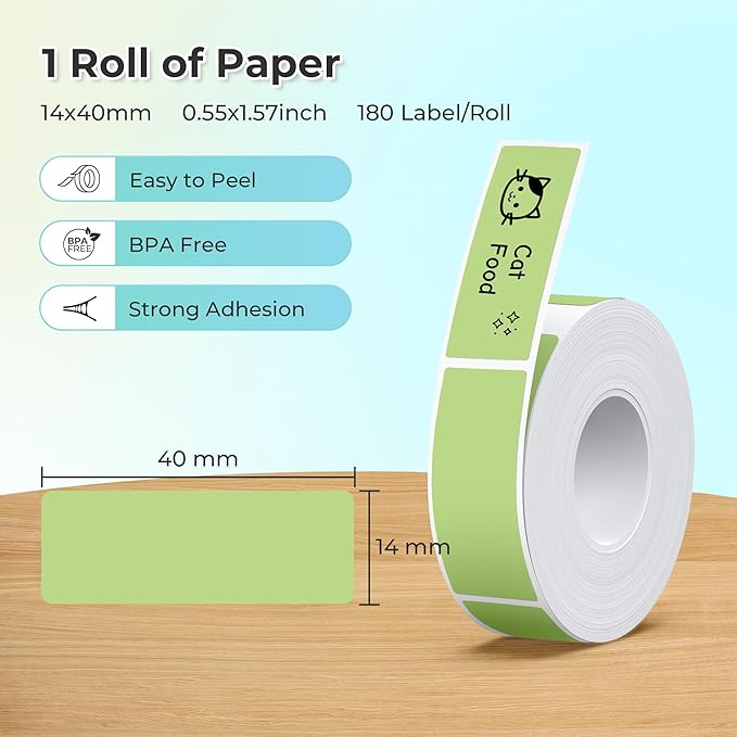 Nelko Genuine P21 Label Maker Tape, Adapted Label Print Paper, 14x40mm (0.55"x1.57"), Standard Laminated Labeling Replacement, Multipurpose of P21 Label Maker, 180 Tapes/Roll, 1 Roll, Green