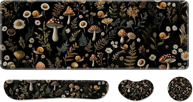 Desk Pad and Keyboard Wrist Rest, Large Mouse Pad + Keyboard Pad+Mouse Wrist Support, Non-Slip Desk Mat Protector for Office, Home 31.5×11.8 Inches Mushroom