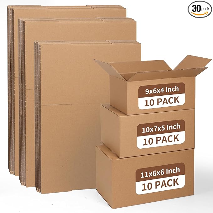 ZBEIVAN Shipping Boxes Mailers Assorted Sizes 11x6x6, 10x7x5, 9x6x4 inches Corrugated Cardboard Small Packing Kraft Moving Mailing Box, Pack of 30