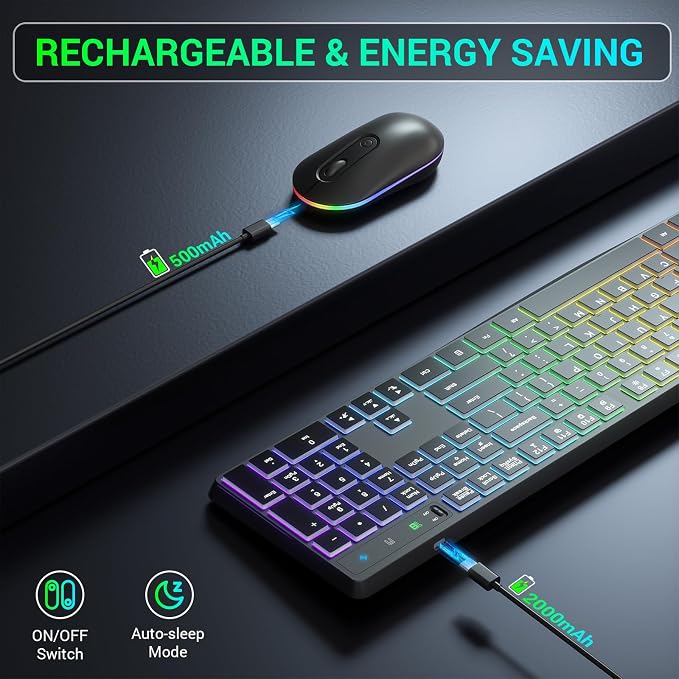 Wireless Keyboard and Mouse Combo, Lovaky 2.4G Full-Sized Ergonomic Keyboard Mouse, 3 DPI Adjustable Cordless USB Keyboard and Mouse, Quiet Click for Computer/Laptop/Windows/Mac (RGB Rainbow, 1 Pack) | Backlit, Low profile Keys, 3 DPI Adjustable, 2.4G ...