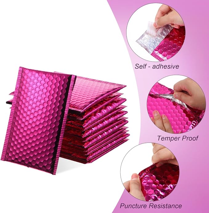 50 Pieces Bubble Mailers 3 Sizes Self Seal Adhesive Poly Mailers Metallic Foil Glitter Padded Shipping Bubble Envelopes for Valentine Mailing Packing Small Business(Rose Red)
