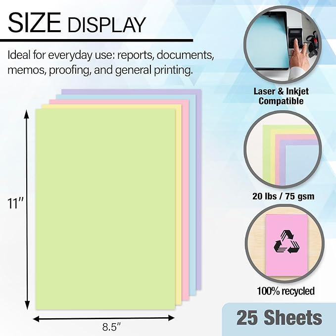 BAZIC Products Blank Paper Copy & Multipurpose Paper - 8.5" x 11" Pastel Color Printer Paper for Inkjet, Laser, and Fax Machines, Ideal for Office, School, and Crafts, 25 Sheets/Pack, 24-Packs