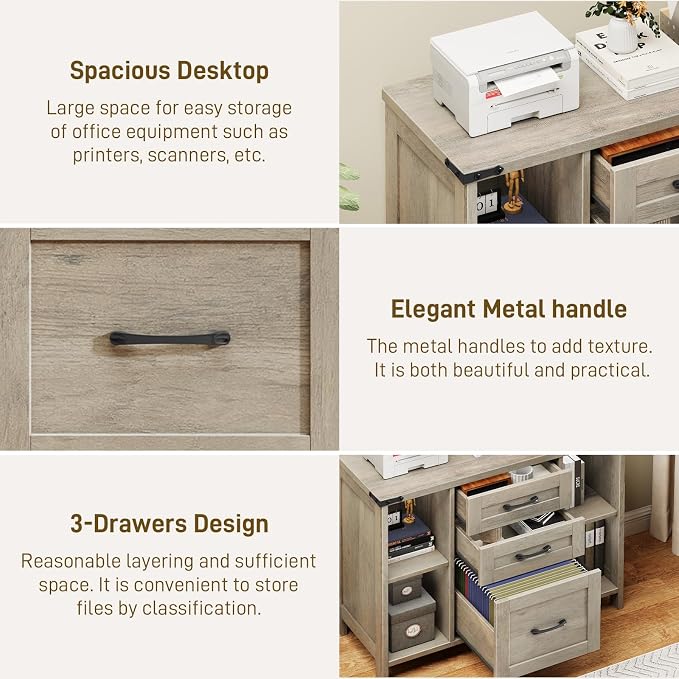 Befrases Farmhouse File Cabinet, Lateral Filing Cabinet with 3 Drawers for Letter/A4 Size Hanging Files, Large Wooden Printer Stand with Adjustable Shelves for Home Office, Rustic Grey