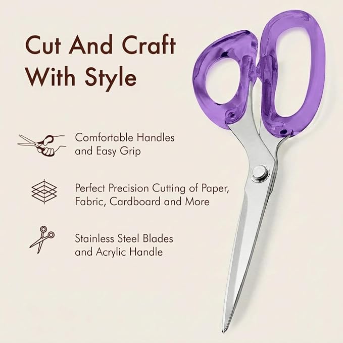 9” Stainless Steel Acrylic Scissors, Purple with Silver Metal | Aesthetic and sharp all purpose scissors, Perfect for sewing, arts, and crafts, Stationery tools for office, and school