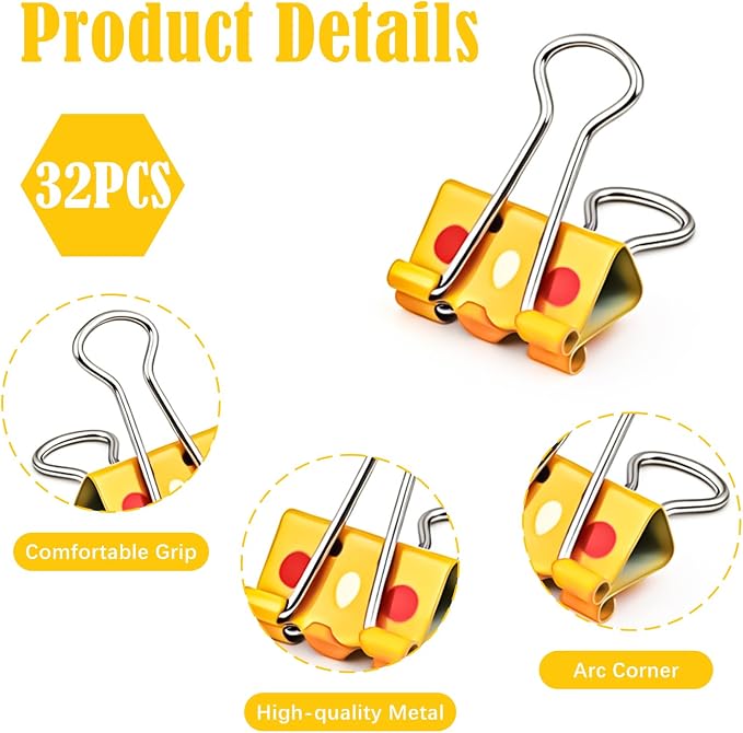 32Pcs Cute Binder Clips, 3/4 Inch (19 mm) Small Binder Clips | Colored Paper Clip, Paper Clamps for School Teachers Office Supplies (Light Yellow, Dark Yellow, Pink, White)
