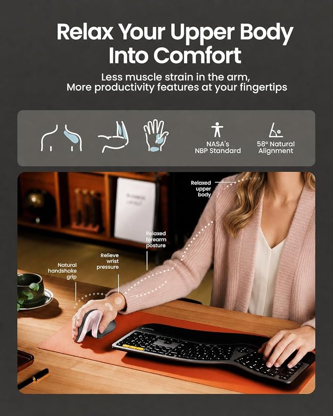 ProtoArc EM11 NL Wireless Ergonomic Mouse, Rechargeable, Black Pink | 58° vertical design supports a natural wrist posture, connect 3 devices via Bluetooth/2.4G USB-A, 500mAh USB-C rechargeable.