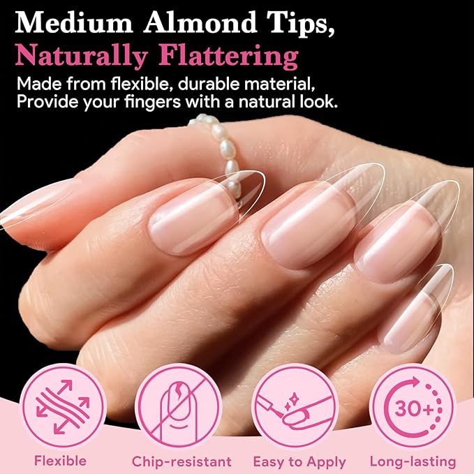 Medium Almond False Nail Tips, 15 Sizes 510 PCS Clear Soft Press On Fake Nail Pre-shaped Half Matte Full Cover Gel Nail Tips Extensions Strong Thick Long Lasting for DIY Beginners& Salon Manicure