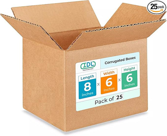 Small Moving & Shipping Boxes 8"L x 6"W x 6"H (25-Pack) - Extra Strength 200 lb vs Regular - USA-Made Corrugated Cardboard Boxes for USPS/UPS/FEDEX - Packing Box - Eco Shipping Box by IDL Packaging
