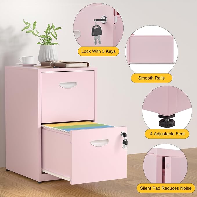 SteeLoong 2 Drawer File Cabinets,Metal Office File Cabinet with Lock,Pink | Filing Cabinets for Home Office,Vertical Modern File Cabinet Office Two Drawers for Hanging Letter,Assembly Required