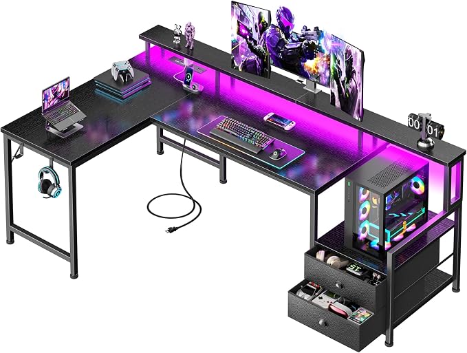 Korfile 57'' L Shaped Gaming Desk with Storage Drawers, Power Outlets, LED | Black Computer Desk with Host Stand, Reversible Corner Design for Gaming, Work, Home Office, Study Room, Bedroom