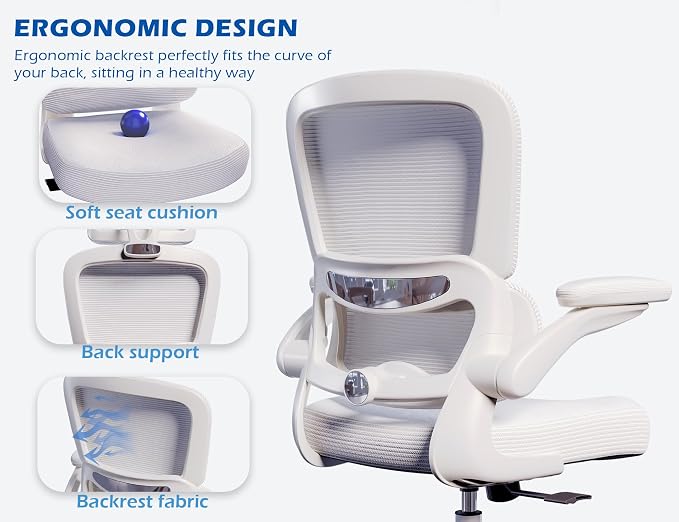 TRALT Ergonomic Office Chair Desk Chair with Adjustable Lumbar Support | Desk Chair Comfy with Flip-up Armrests Ergonomic Chair - Mesh Computer Chairs for Adults, 330lbs, PU Leather (White, 1)