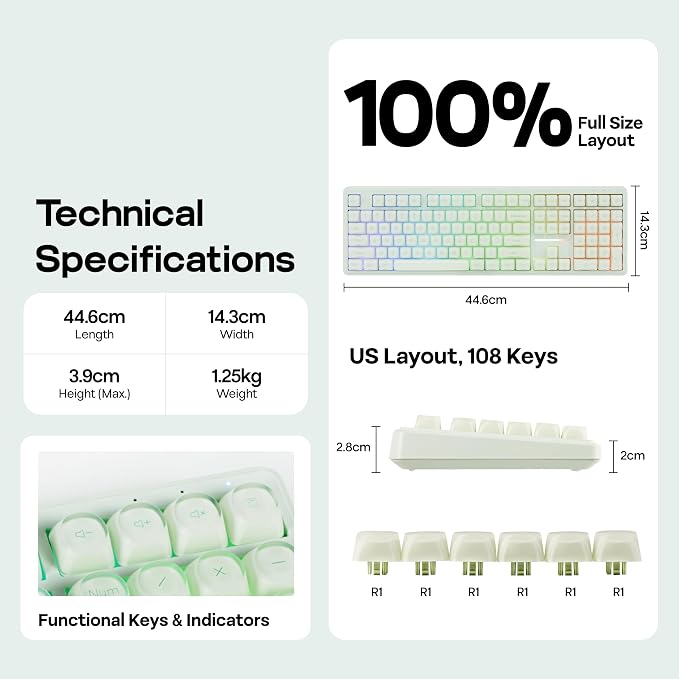 MechLands M108 100% Full Size Silent Office Keyboard with Number Pad | Wireless Creamy Membrane Keyboard with 5000mAh Battery for Office/Home/PC Game, RGB Backlight, 26-Key Rollover (Green)