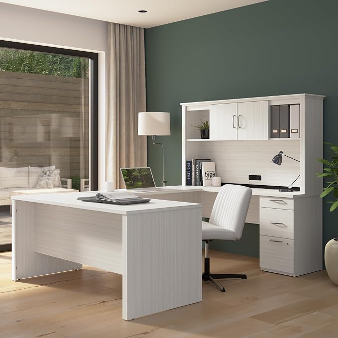 Bestar U or L Shaped Desk with Hutch & Drawers, White Chocolate, Logan, 66W | With Pedestal and Hutch; The Bestar Logan U or L Shaped Desk with Drawers and Hutch offers a customizable solution