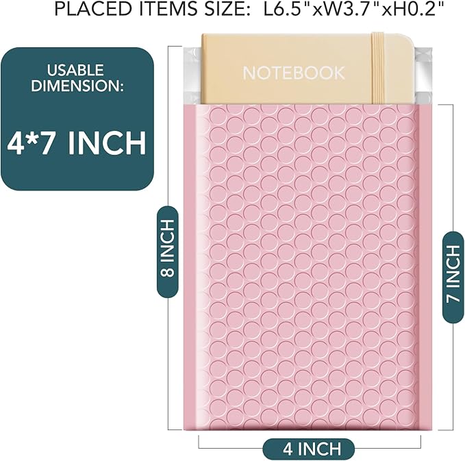 METRONIC 4x8 Bubble Mailers 200Pack, Waterproof Light Pink Padded Mailers, Self Seal Padded Envelope for Small Business Packaging Supplies Bubble Mailer Usable Size 4x7