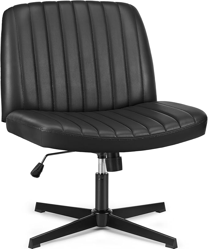 OLIXIS Criss Cross Chair, Vanity Chair, Home Office Desk | Armless No Wheels Wide Seat, Height Adjustable Swivel, Padded PU Leather, Bedroom Student Study, Black Dual Base