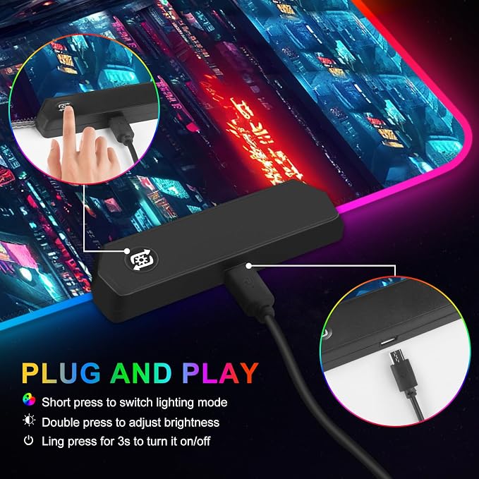 RGB Gaming Mouse Pad Large, Extended Soft Led Mouse Pad with 14 Lighting Modes 2 Brightness, Water Resist Keyboard Pad, Computer Mousepads Mat 35.4x15.7inch, Night City
