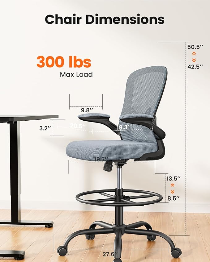ErGear Drafting Chair,Tall Office Chair with Flip-Up Armrests, High Desk Chair Adjustable Height and Adjustable Footrest Ring, Ergonomic Standing Desk Chair with Lumbar Support, Blue