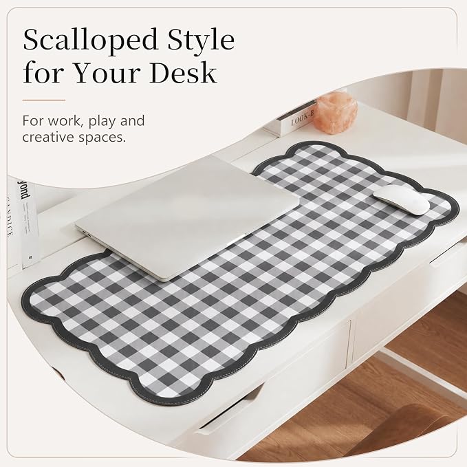 Ohocut Scalloped Gingham Checkered Desk Pad，Black：31.5" x 15.7" | Large, Premium Faux Leather, Anti-slip Bottom, Water Repellent, Easy to Clean, Aesthetic Trendy Design
