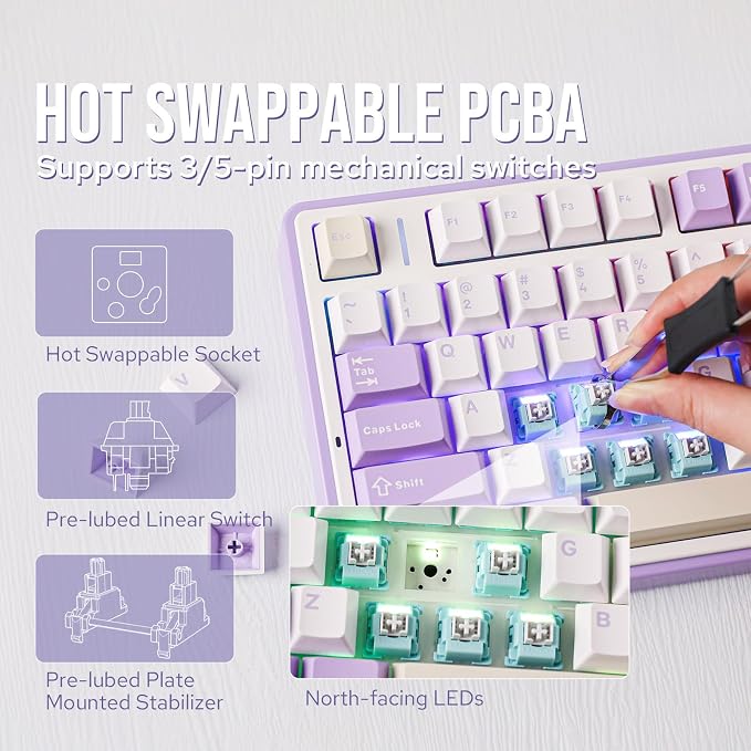 EPOMAKER x Aula F75 Gasket Mechanical Keyboard, 75% Wireless Hot Swappable Gaming Keyboard with Five-Layer Padding&Knob, BT/2.4GHz/USB-C, RGB (Purple, LEOBOG Reaper Switch)