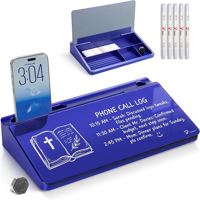 TOWON Compact Glass Desktop Whiteboard with Storage 12x7 in, Navy Blue | Glossy metallic mirror finish, 5 markers, eraser and holder included, dry erase surface for the office or home desk